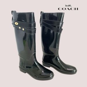 Coach Rain Snow Tall Boot Black Gloss Shine Pull On Shoe Women 8 Water Horse